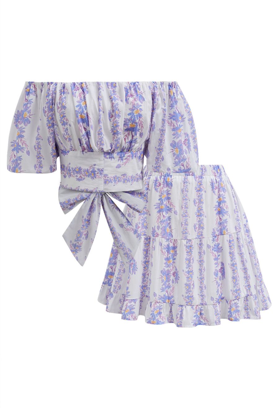 Lilac Daisy Printed Off-Shoulder Top and Mini Skirt Set