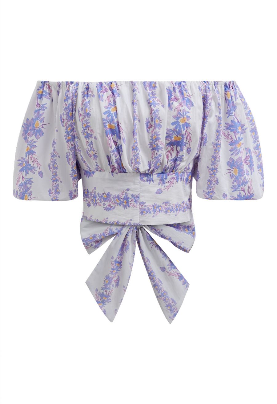 Lilac Daisy Printed Off-Shoulder Top and Mini Skirt Set