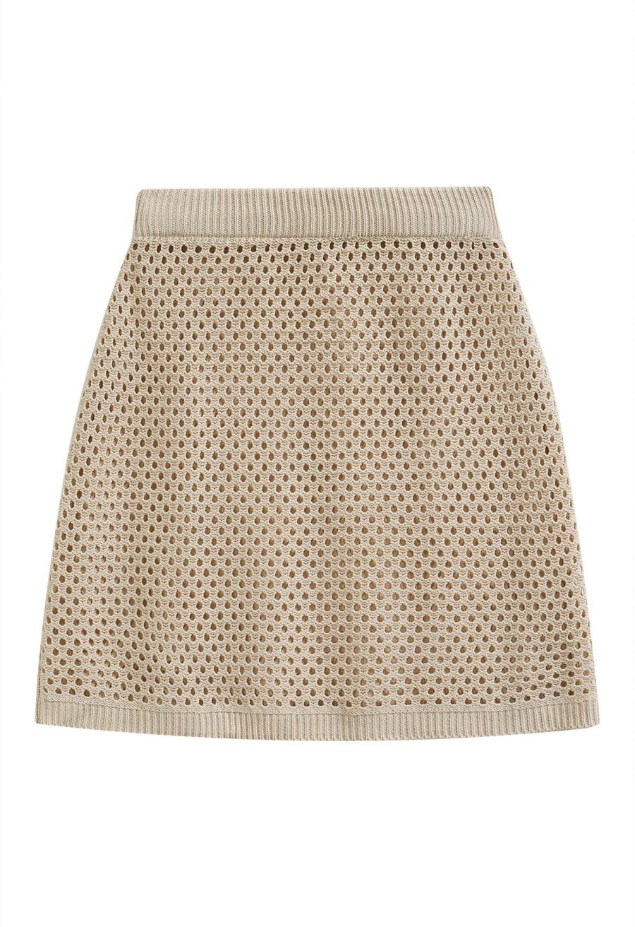 Open-Knit Crochet Longline Buttoned Top and Mini Skirt Set