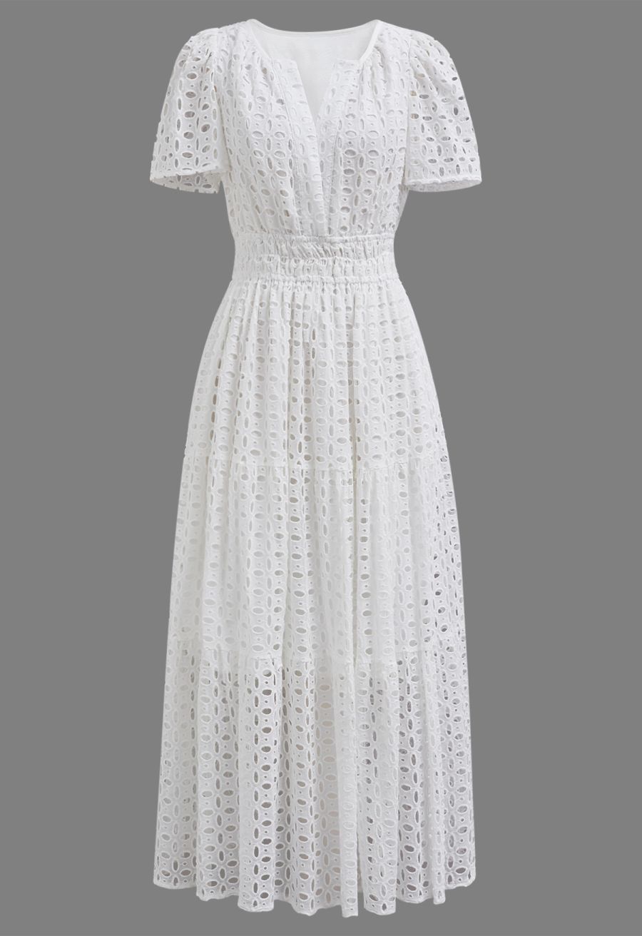 V-Neck Embroidered Eyelet Puff Sleeve Maxi Dress