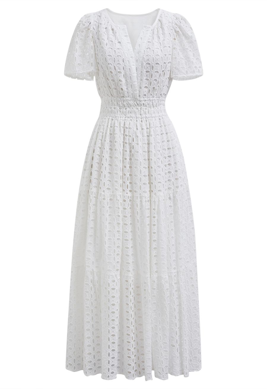 V-Neck Embroidered Eyelet Puff Sleeve Maxi Dress