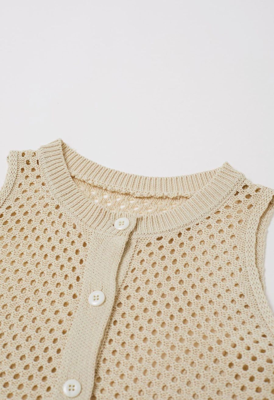Open-Knit Crochet Longline Buttoned Top and Mini Skirt Set