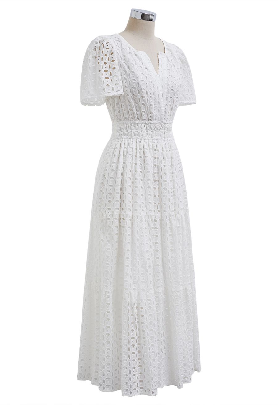 V-Neck Embroidered Eyelet Puff Sleeve Maxi Dress