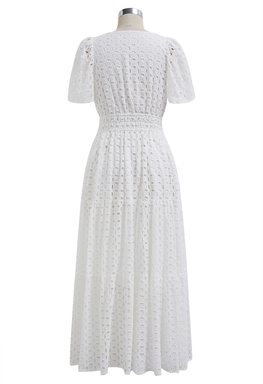 V-Neck Embroidered Eyelet Puff Sleeve Maxi Dress