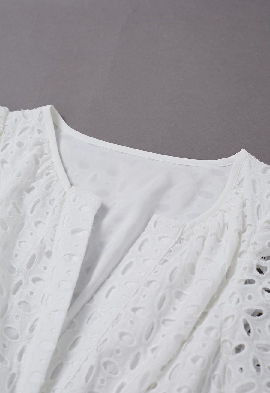 V-Neck Embroidered Eyelet Puff Sleeve Maxi Dress