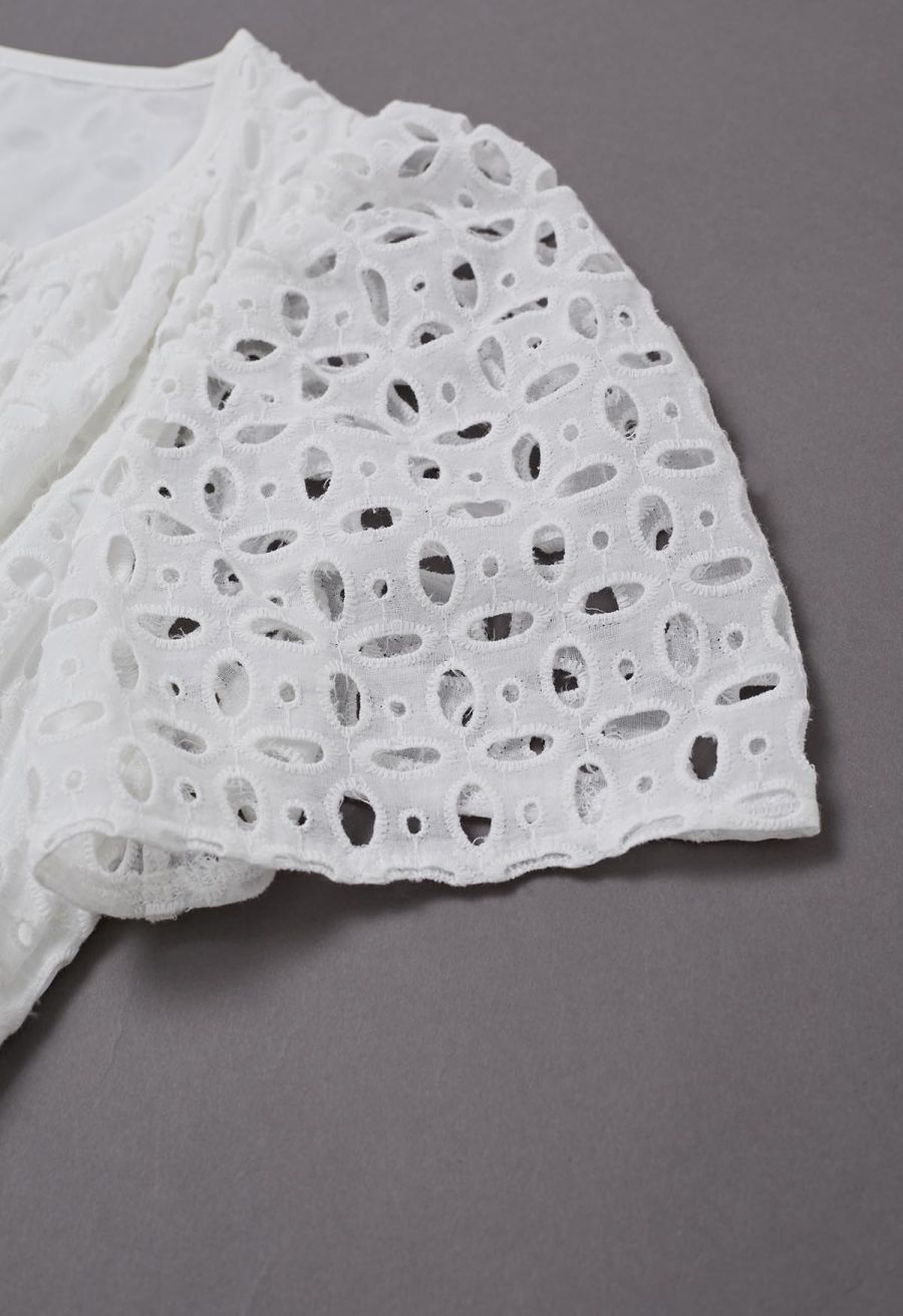 V-Neck Embroidered Eyelet Puff Sleeve Maxi Dress