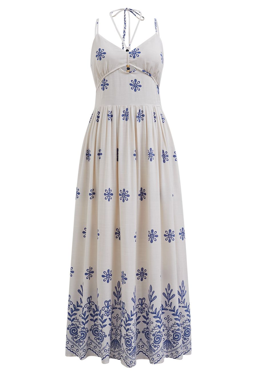 Floral Printed Bead Decor Cami Halter Dress in Ivory