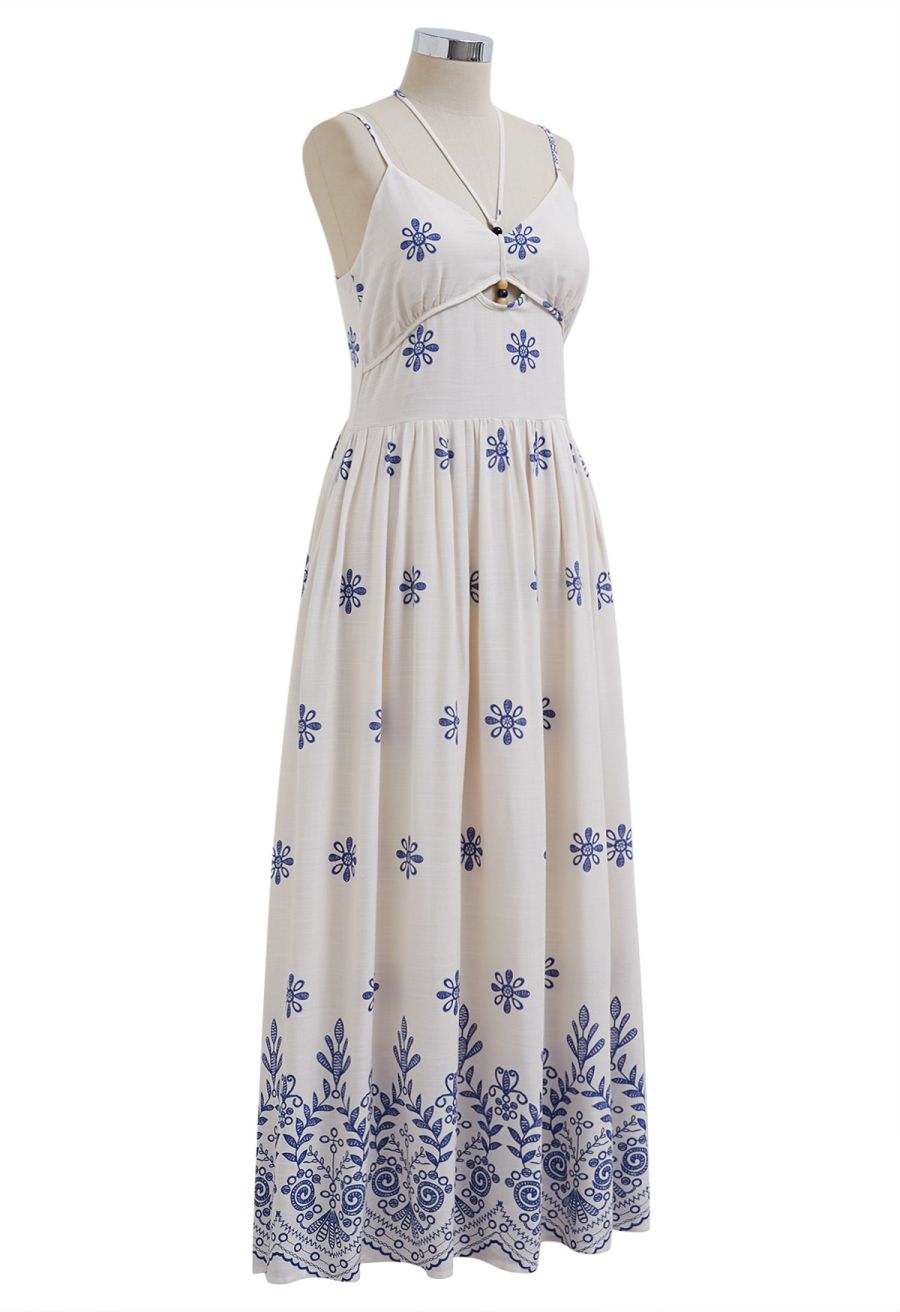 Floral Printed Bead Decor Cami Halter Dress in Ivory