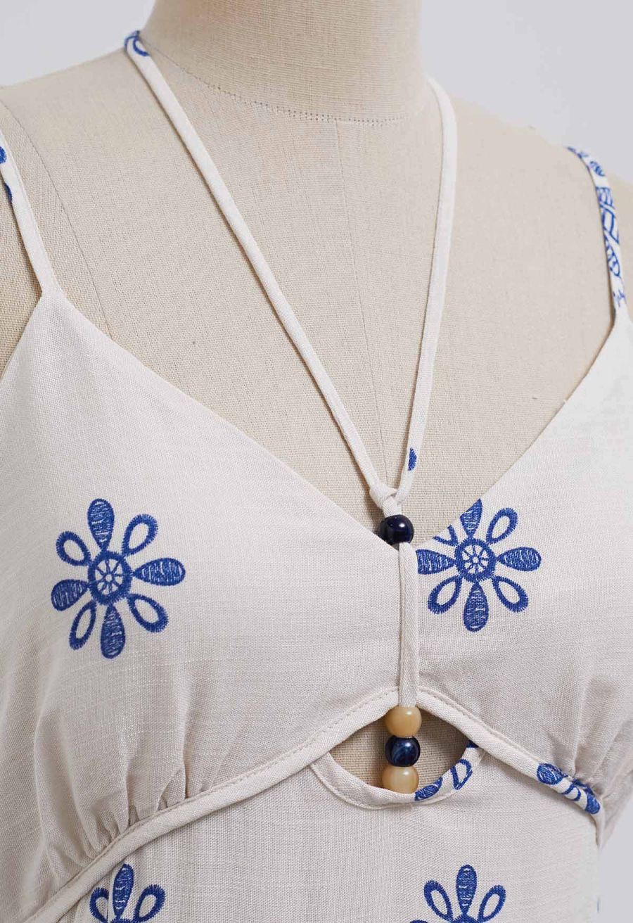 Floral Printed Bead Decor Cami Halter Dress in Ivory