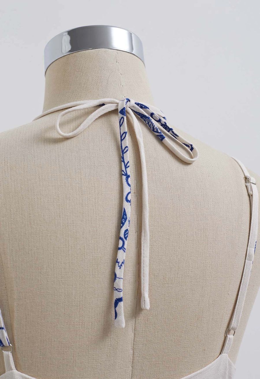 Floral Printed Bead Decor Cami Halter Dress in Ivory