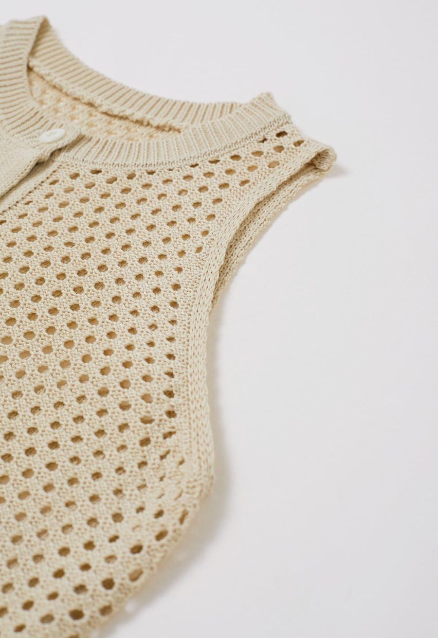 Open-Knit Crochet Longline Buttoned Top and Mini Skirt Set