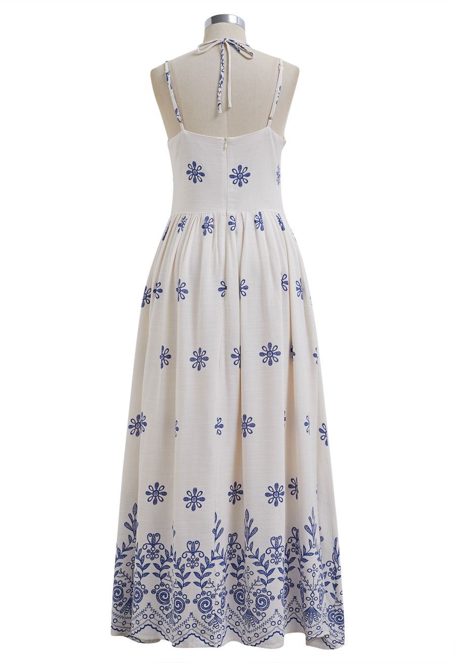Floral Printed Bead Decor Cami Halter Dress in Ivory