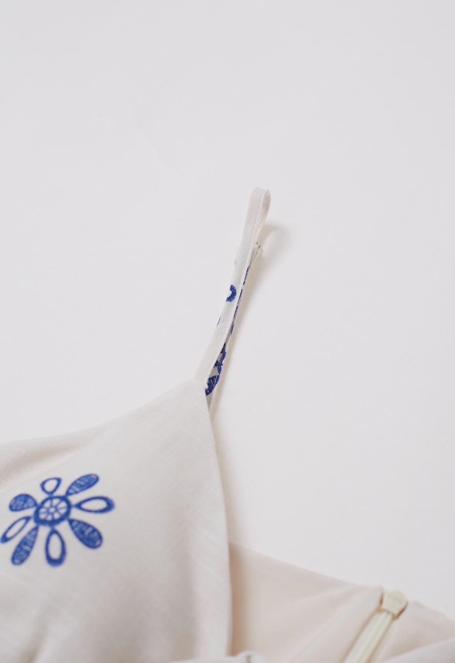 Floral Printed Bead Decor Cami Halter Dress in Ivory
