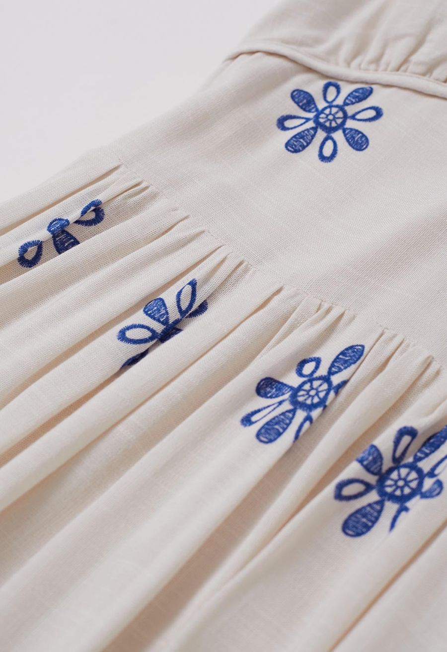 Floral Printed Bead Decor Cami Halter Dress in Ivory