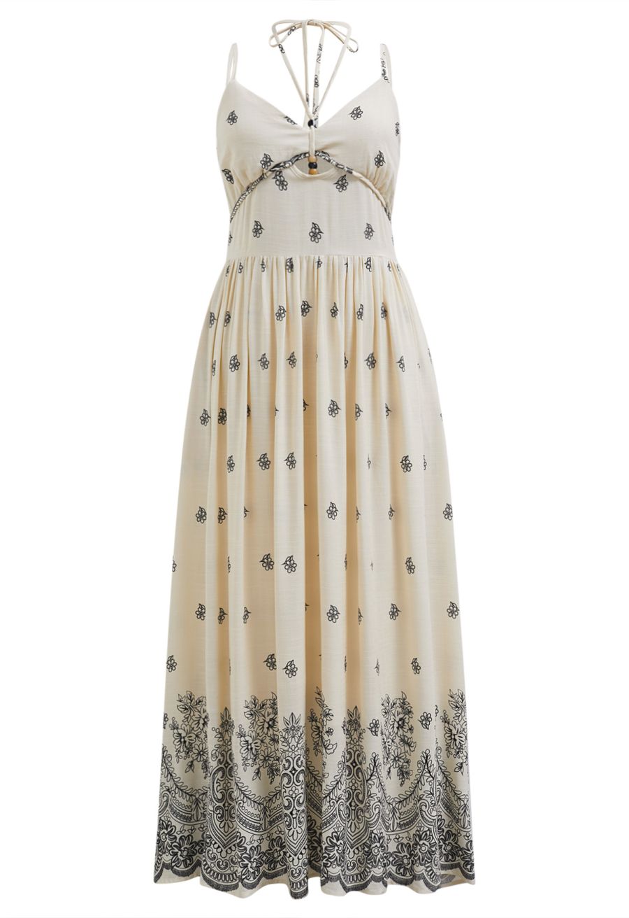 Floral Printed Bead Decor Cami Halter Dress in Cream