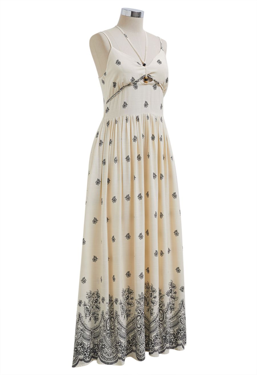 Floral Printed Bead Decor Cami Halter Dress in Cream