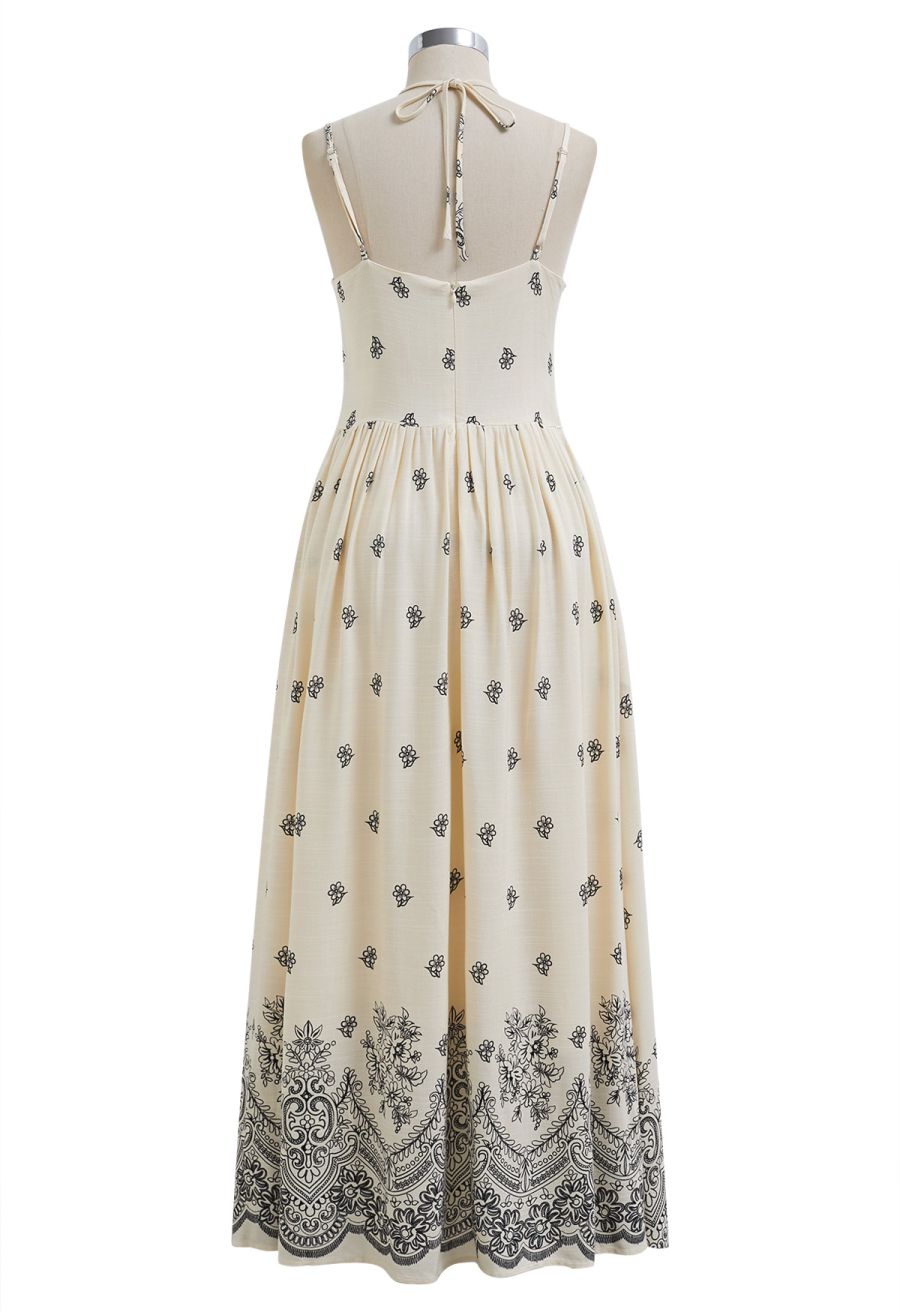 Floral Printed Bead Decor Cami Halter Dress in Cream