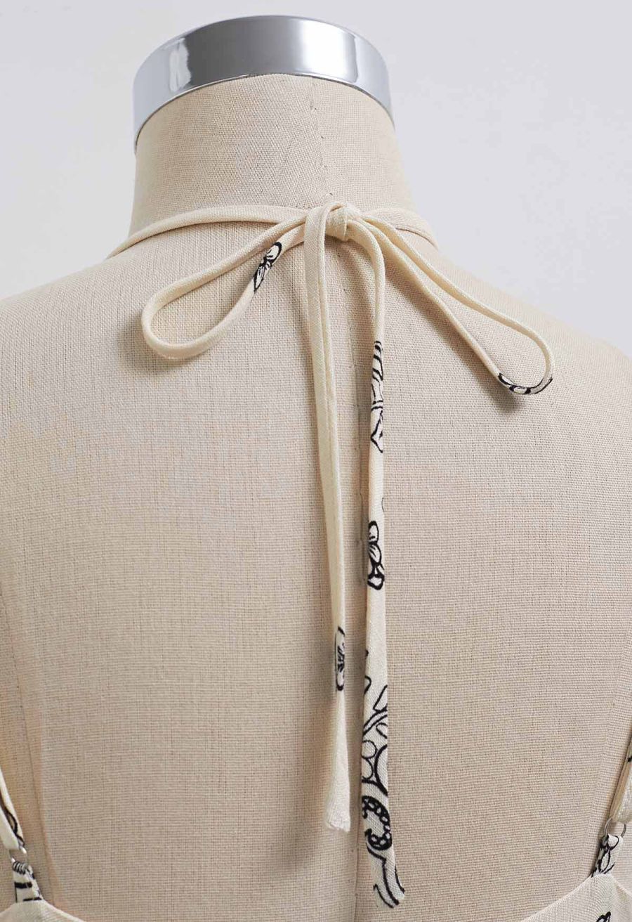 Floral Printed Bead Decor Cami Halter Dress in Cream