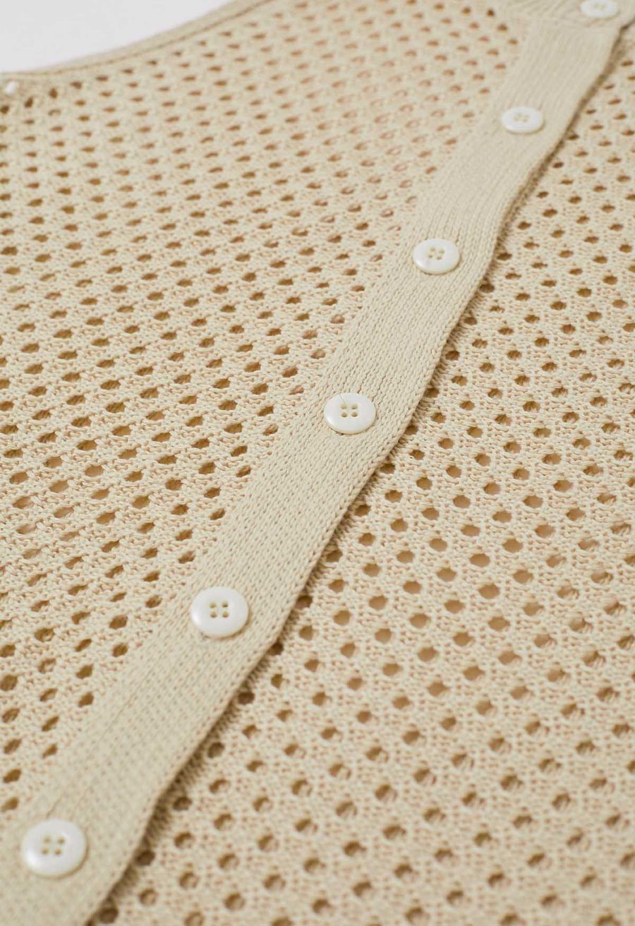 Open-Knit Crochet Longline Buttoned Top and Mini Skirt Set