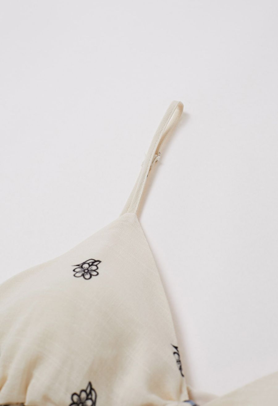 Floral Printed Bead Decor Cami Halter Dress in Cream
