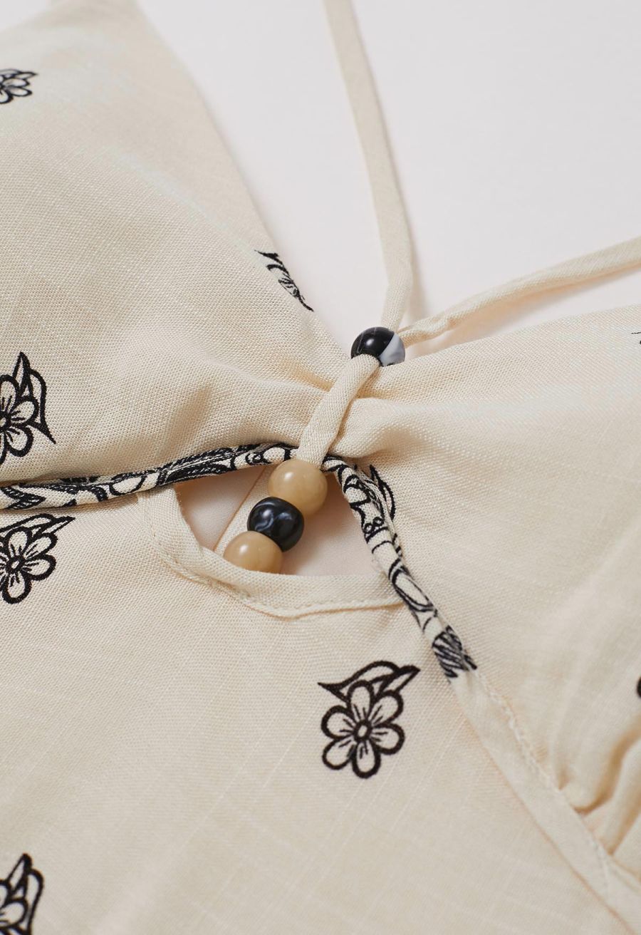 Floral Printed Bead Decor Cami Halter Dress in Cream