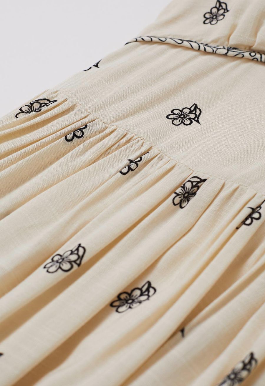 Floral Printed Bead Decor Cami Halter Dress in Cream