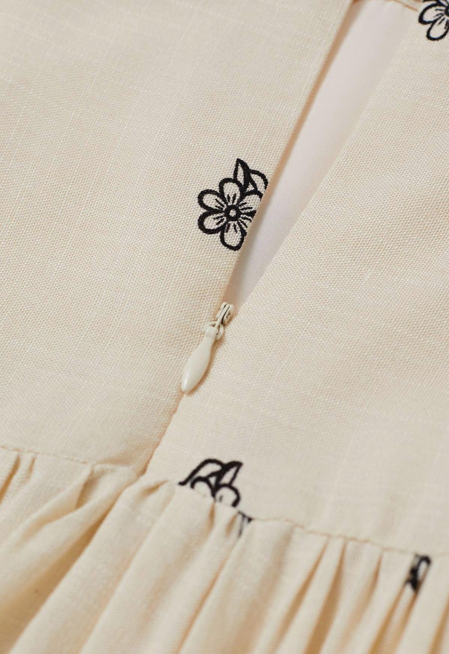 Floral Printed Bead Decor Cami Halter Dress in Cream
