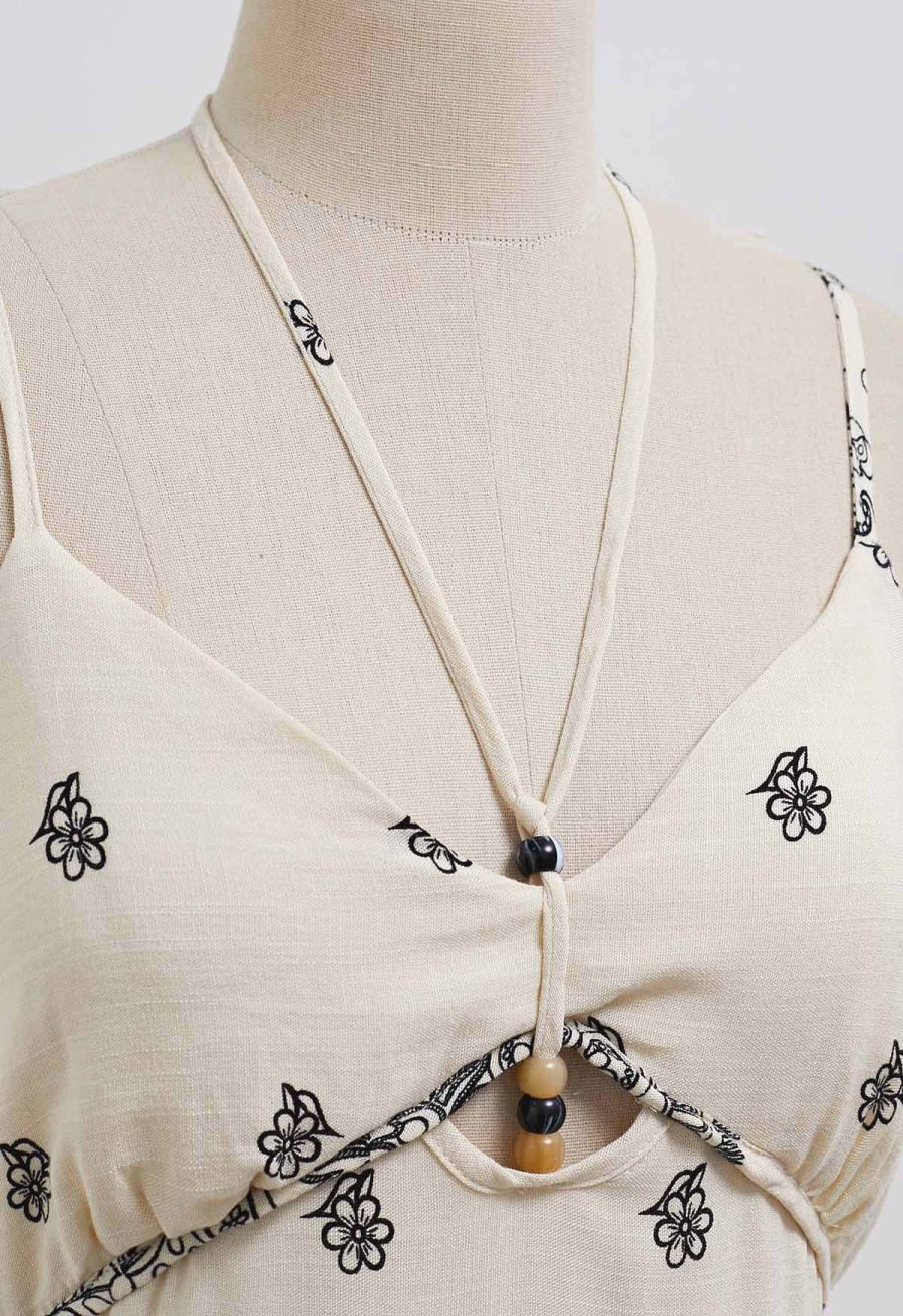Floral Printed Bead Decor Cami Halter Dress in Cream