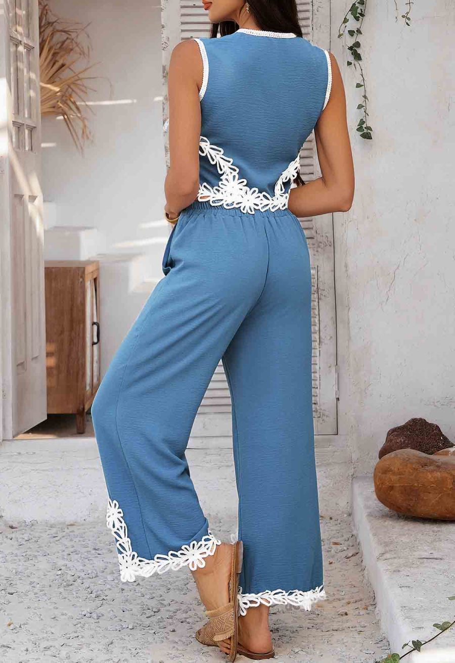 Tapework Lace Buttoned Sleeveless Top and Pants Set in Blue