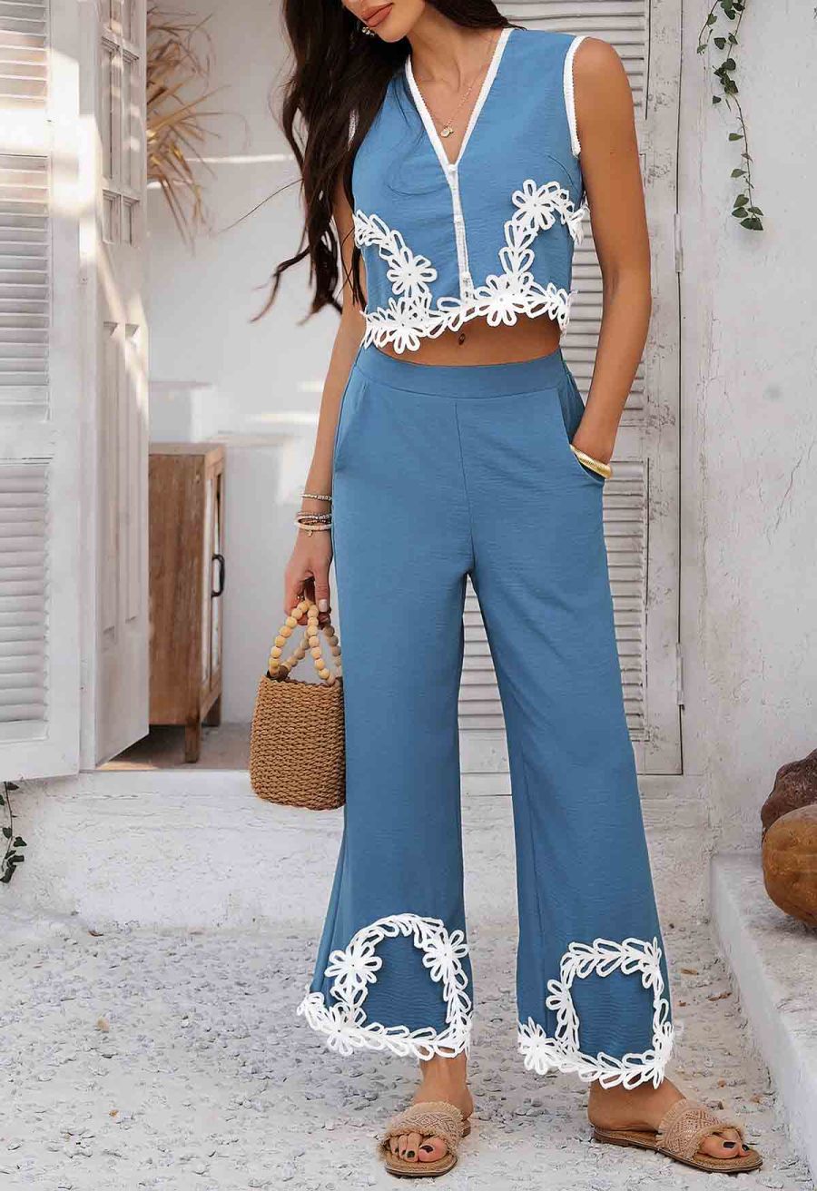 Tapework Lace Buttoned Sleeveless Top and Pants Set in Blue