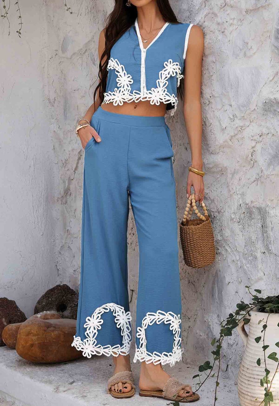 Tapework Lace Buttoned Sleeveless Top and Pants Set in Blue