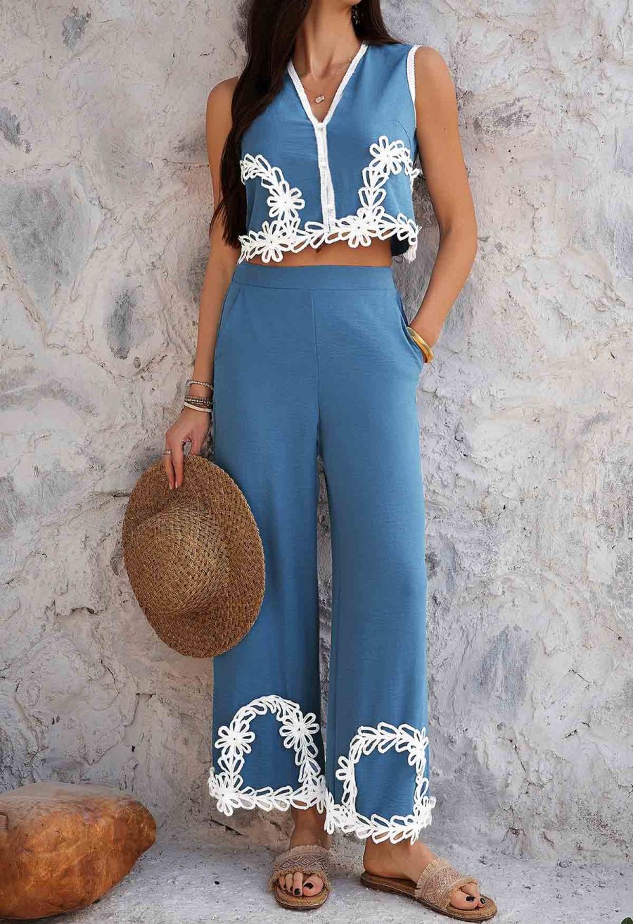 Tapework Lace Buttoned Sleeveless Top and Pants Set in Blue
