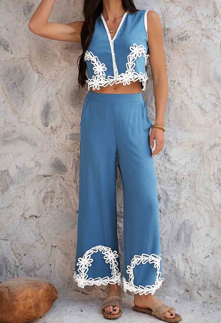 Tapework Lace Buttoned Sleeveless Top and Pants Set in Blue