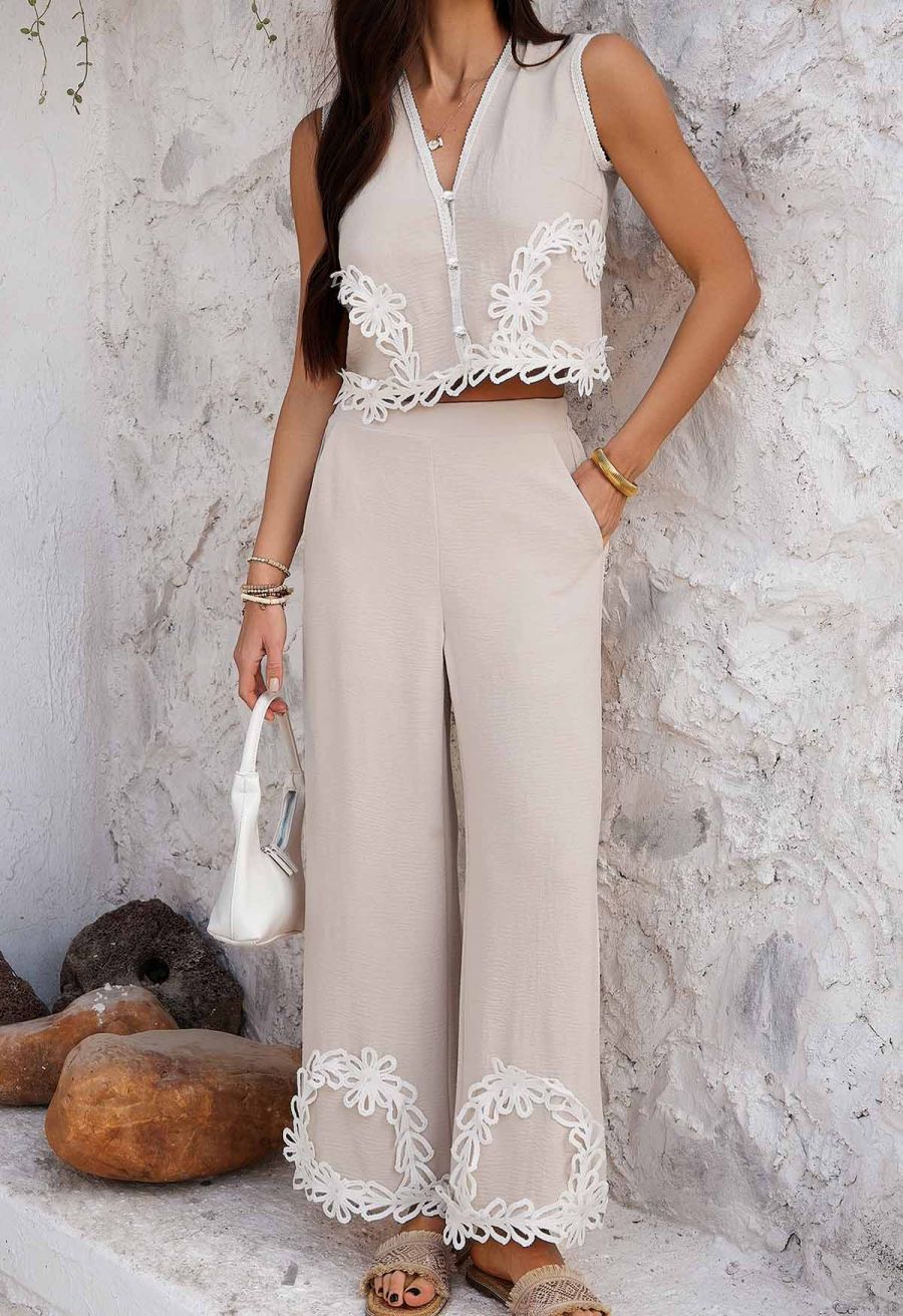 Tapework Lace Buttoned Sleeveless Top and Pants Set in Linen