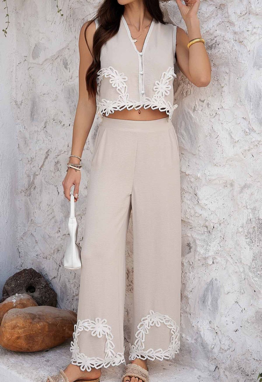 Tapework Lace Buttoned Sleeveless Top and Pants Set in Linen