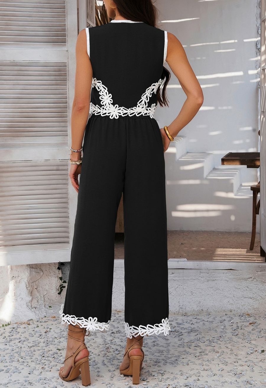 Tapework Lace Buttoned Sleeveless Top and Pants Set in Black