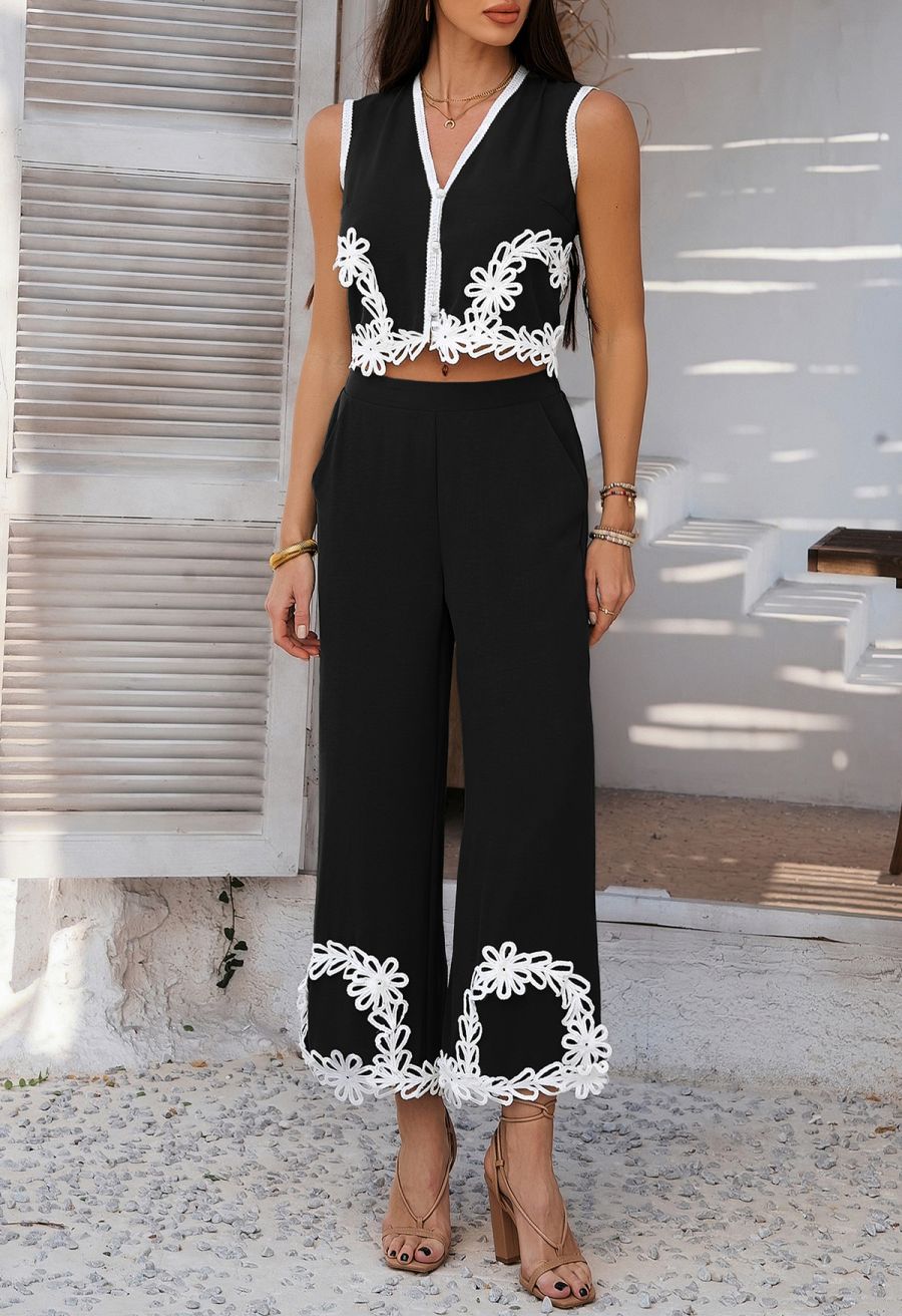 Tapework Lace Buttoned Sleeveless Top and Pants Set in Black