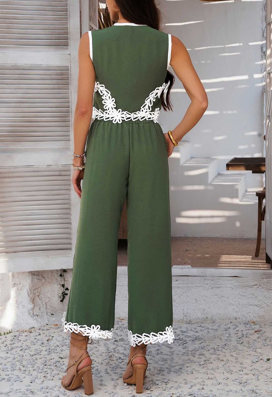 Tapework Lace Buttoned Sleeveless Top and Pants Set in Army Green