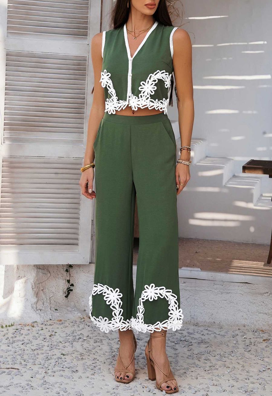 Tapework Lace Buttoned Sleeveless Top and Pants Set in Army Green