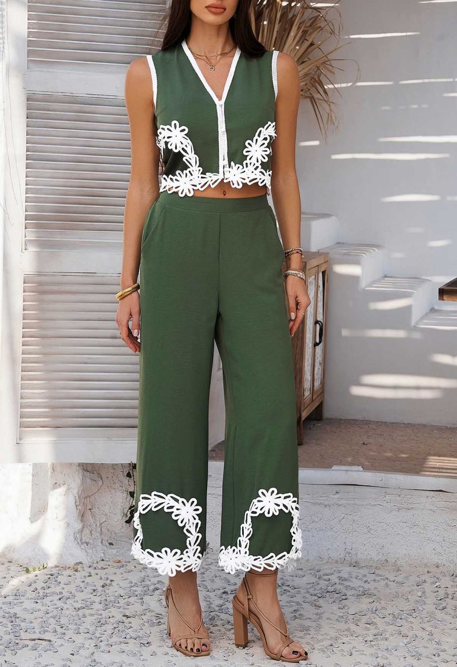 Tapework Lace Buttoned Sleeveless Top and Pants Set in Army Green