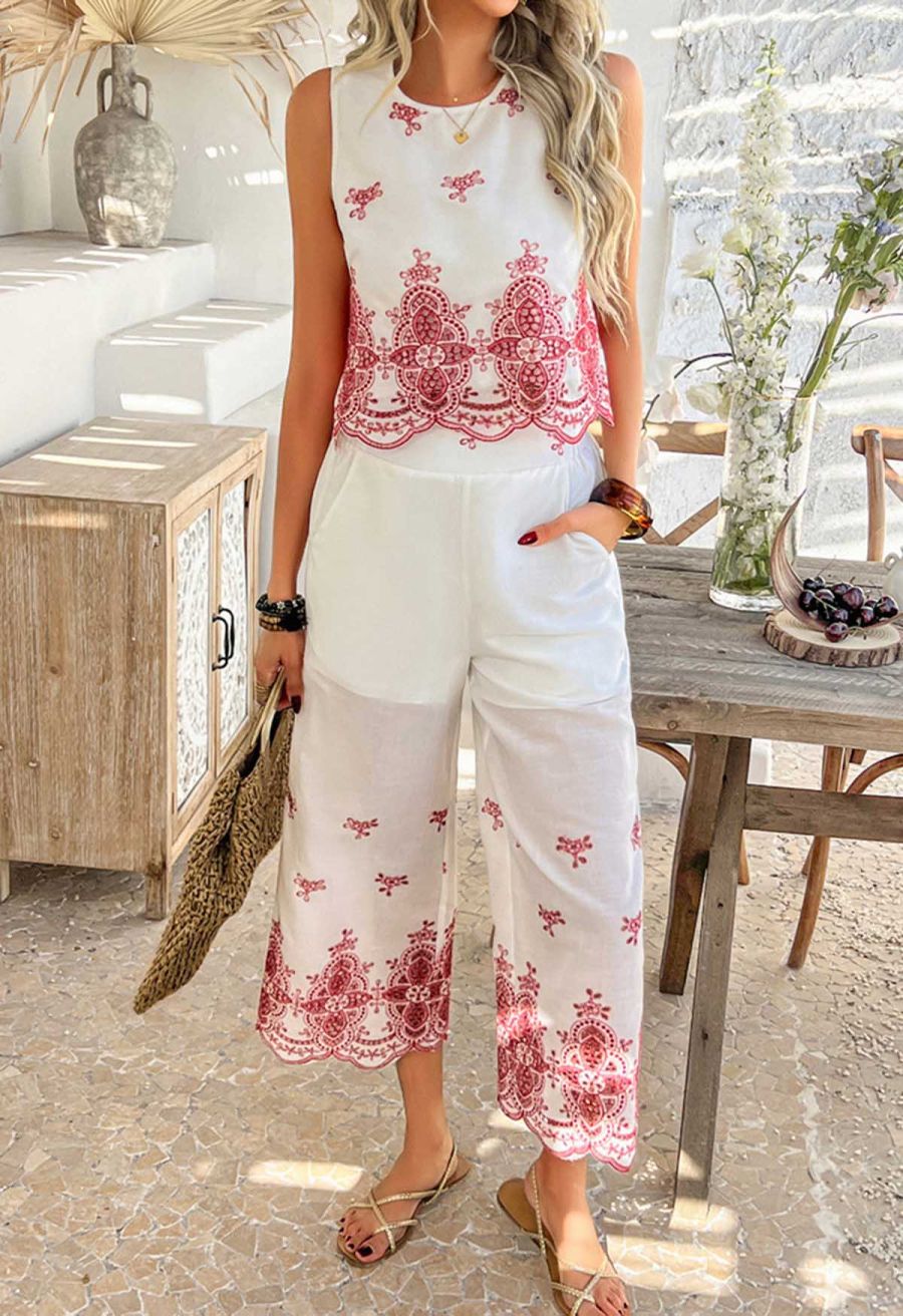 Tile-Inspired Embroidery Sleeveless Top and Pants Set in Red