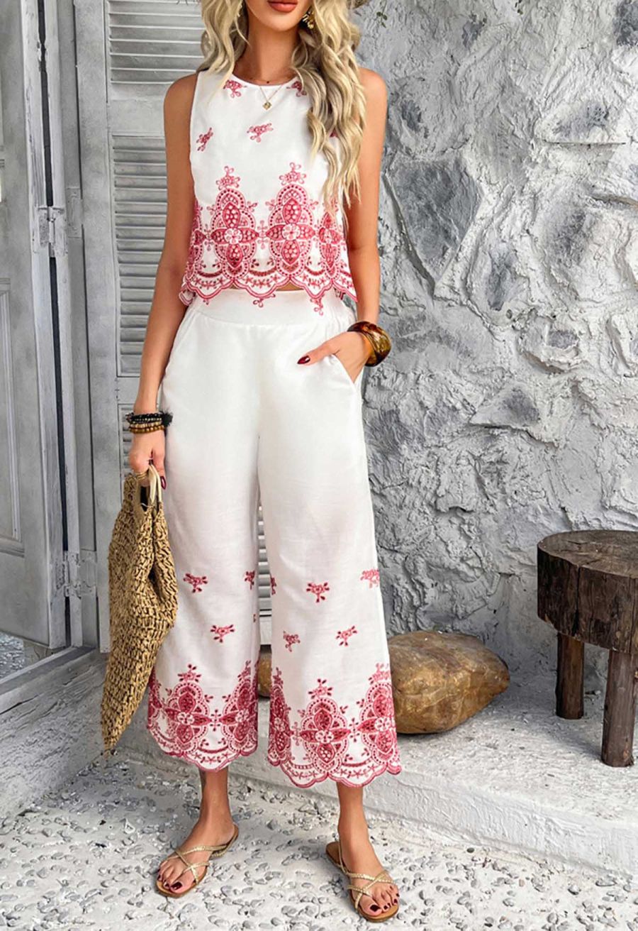 Tile-Inspired Embroidery Sleeveless Top and Pants Set in Red