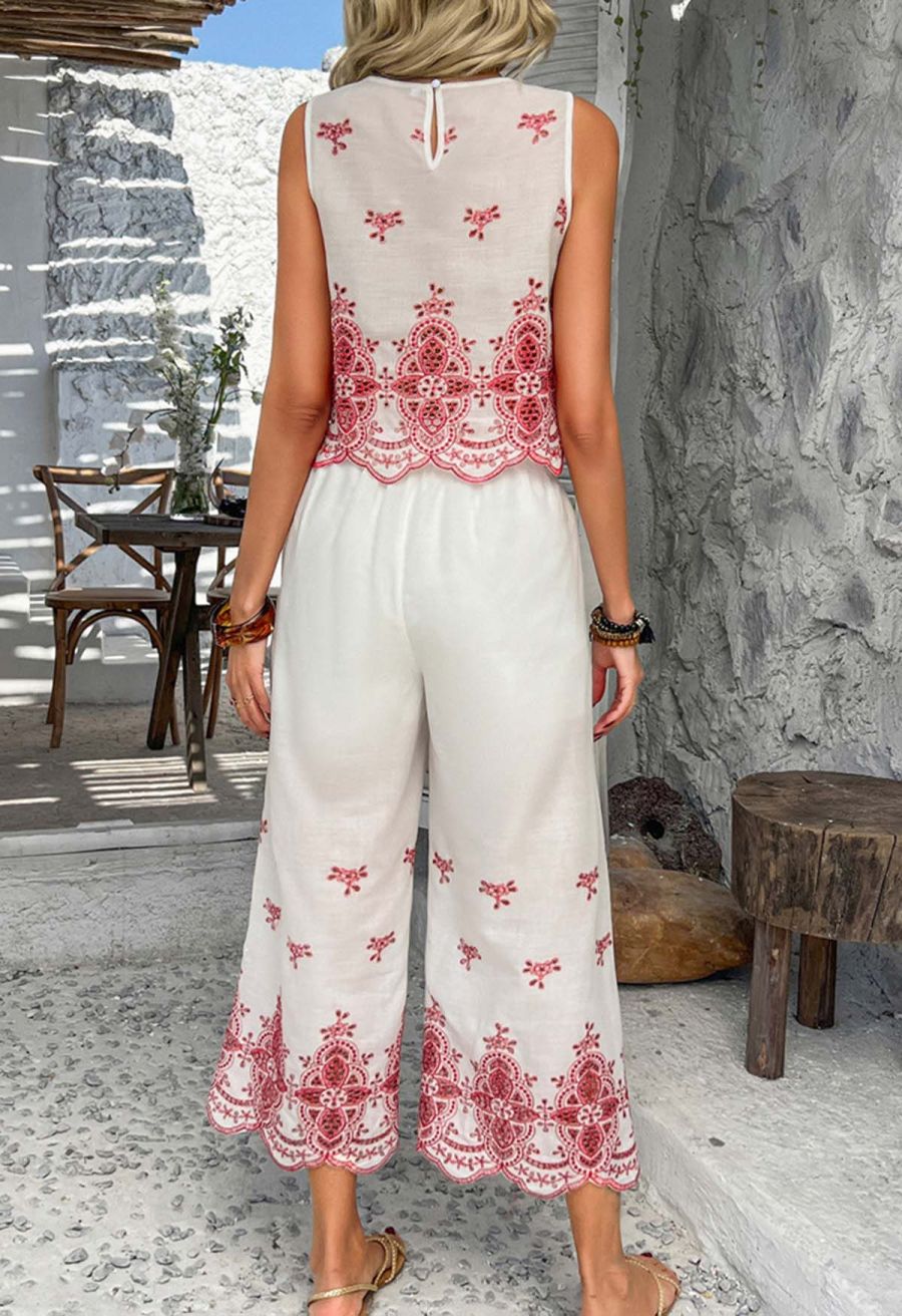 Tile-Inspired Embroidery Sleeveless Top and Pants Set in Red