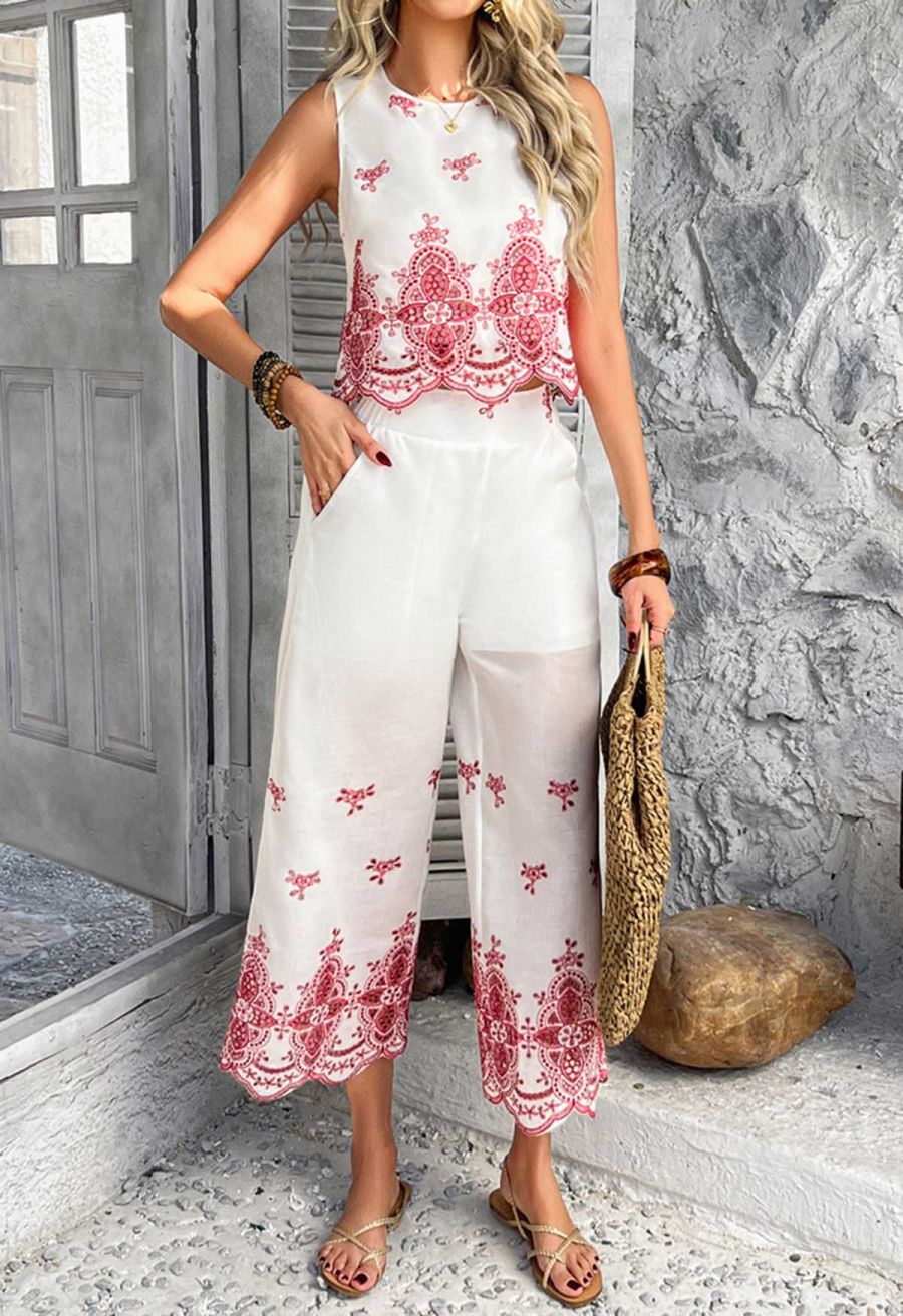 Tile-Inspired Embroidery Sleeveless Top and Pants Set in Red