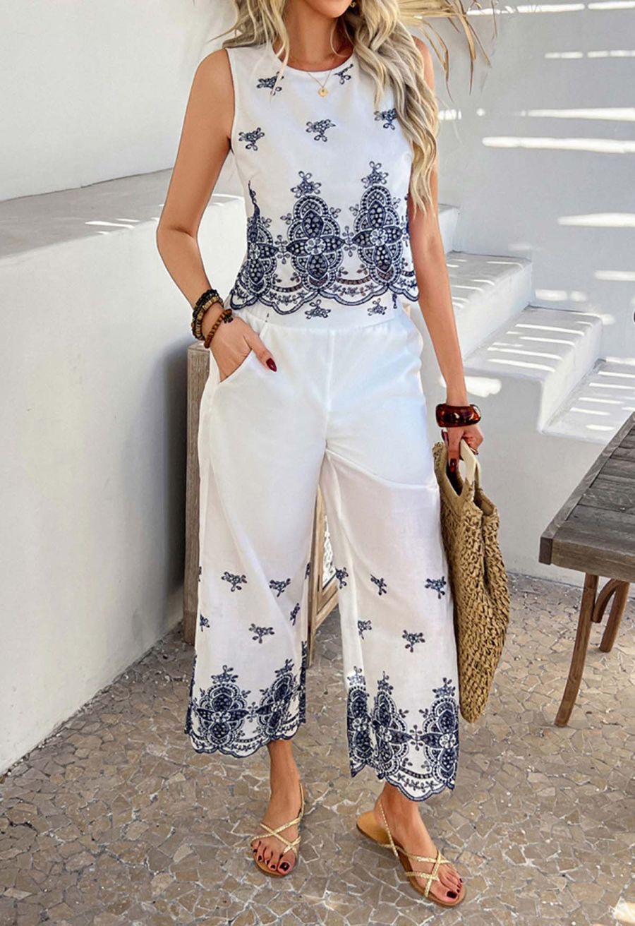 Tile-Inspired Embroidery Sleeveless Top and Pants Set in Navy
