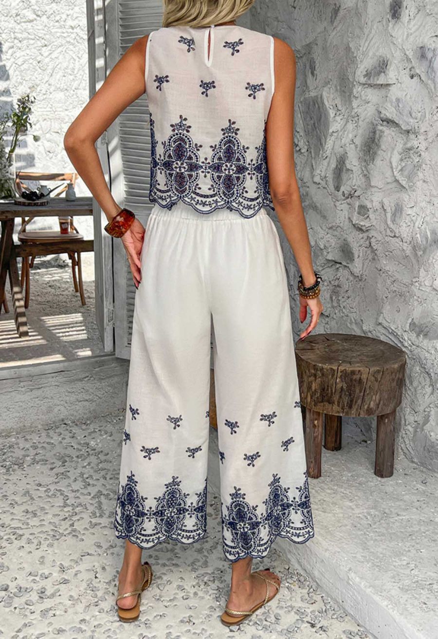 Tile-Inspired Embroidery Sleeveless Top and Pants Set in Navy