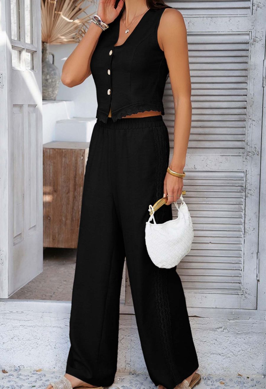 Lace Trim Buttoned Vest and Pants Set in Black