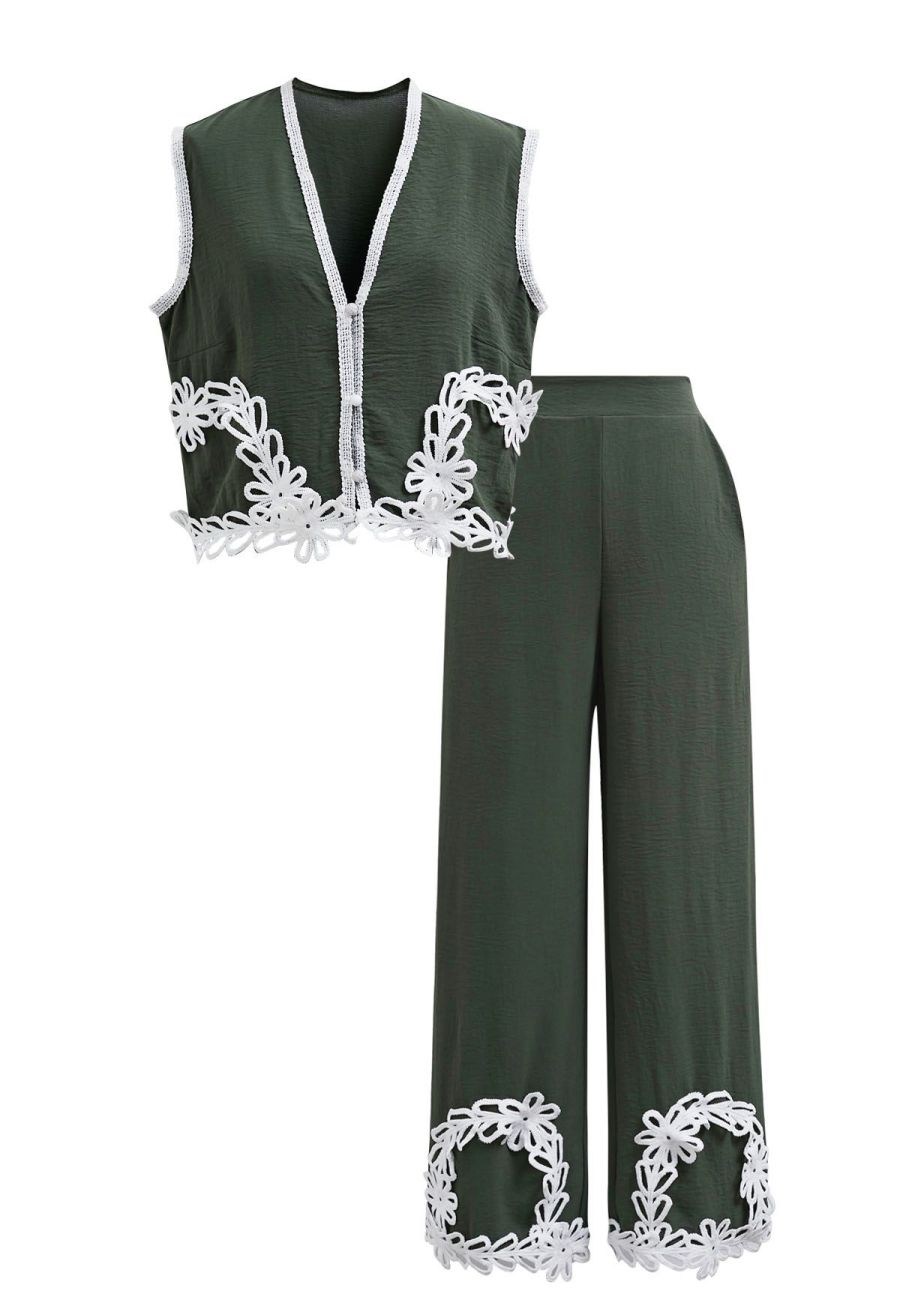 Tapework Lace Buttoned Sleeveless Top and Pants Set in Army Green