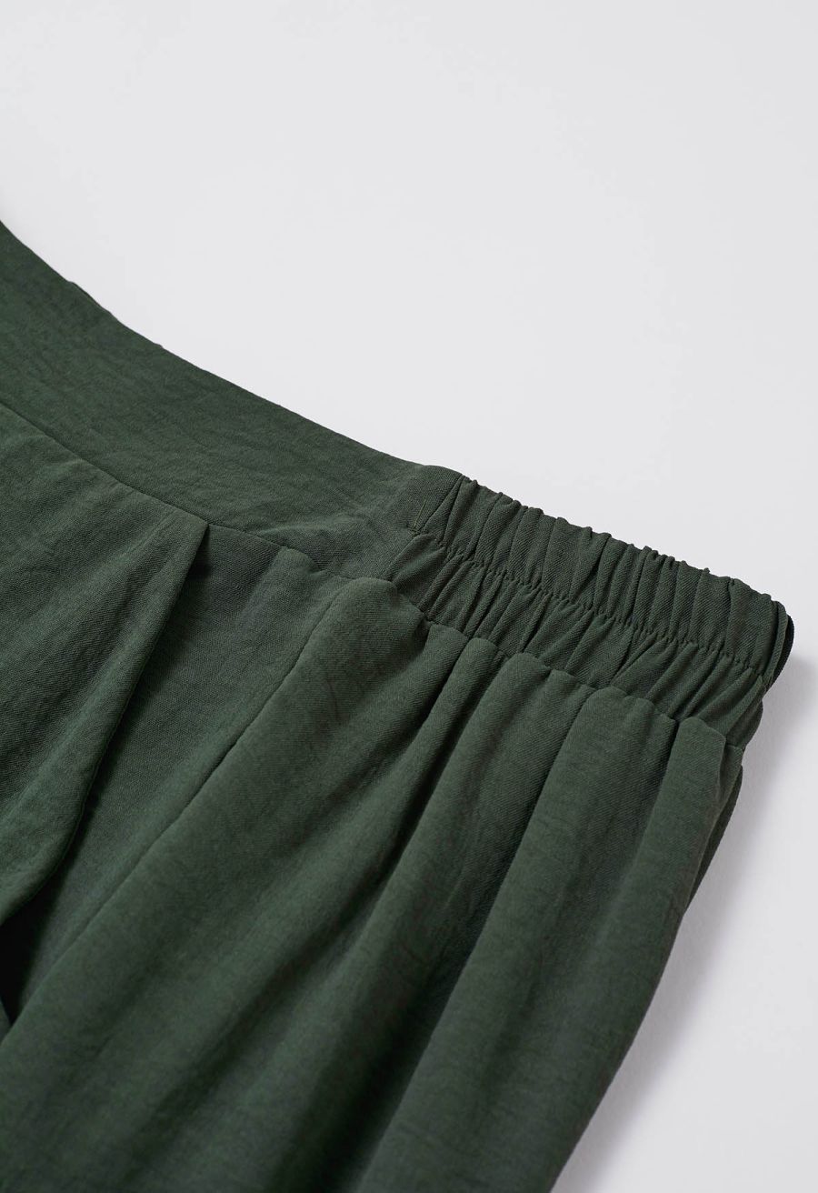 Tapework Lace Buttoned Sleeveless Top and Pants Set in Army Green