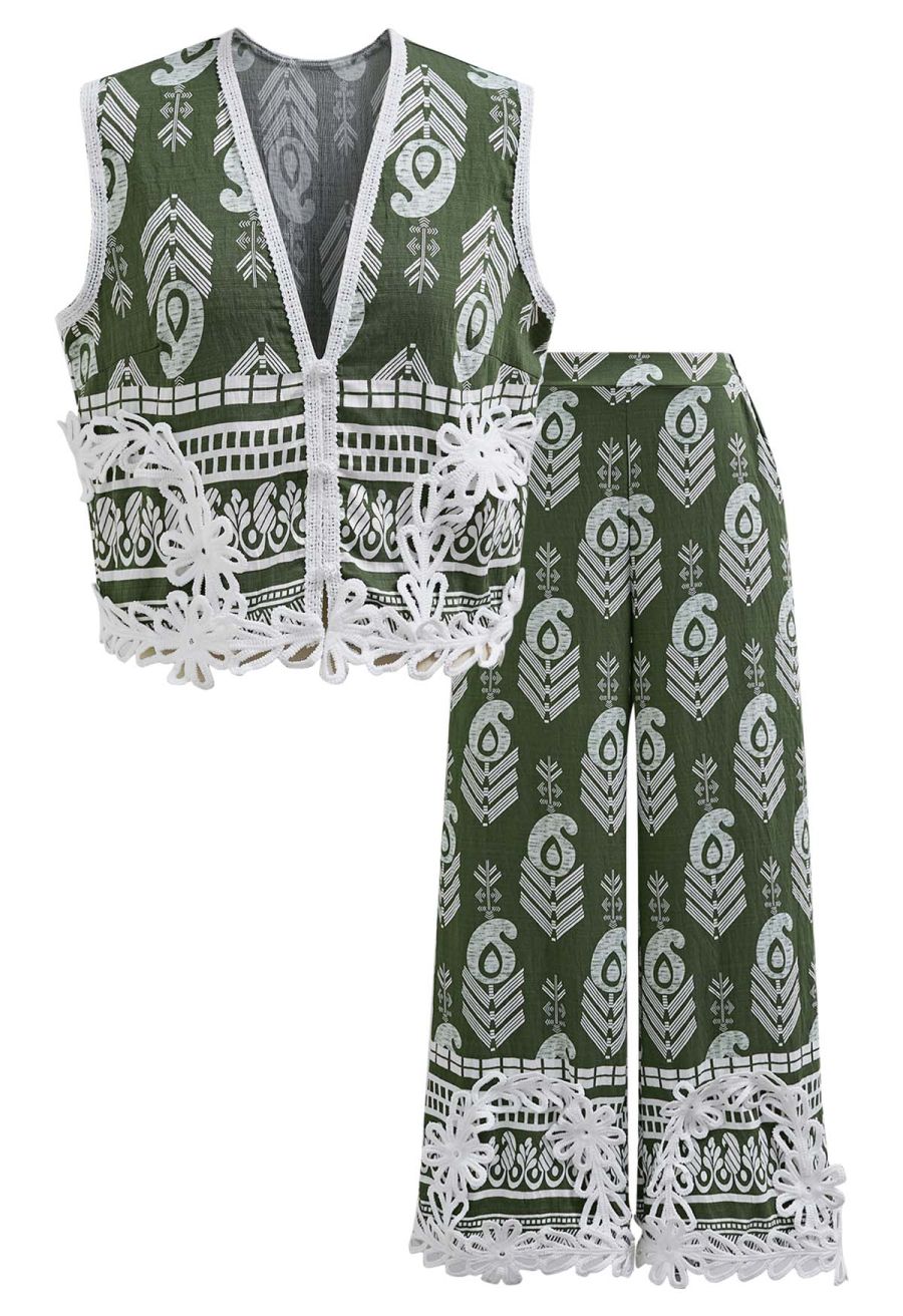 Tapework Lace Paisley Printed Sleeveless Top and Pants Set in Green